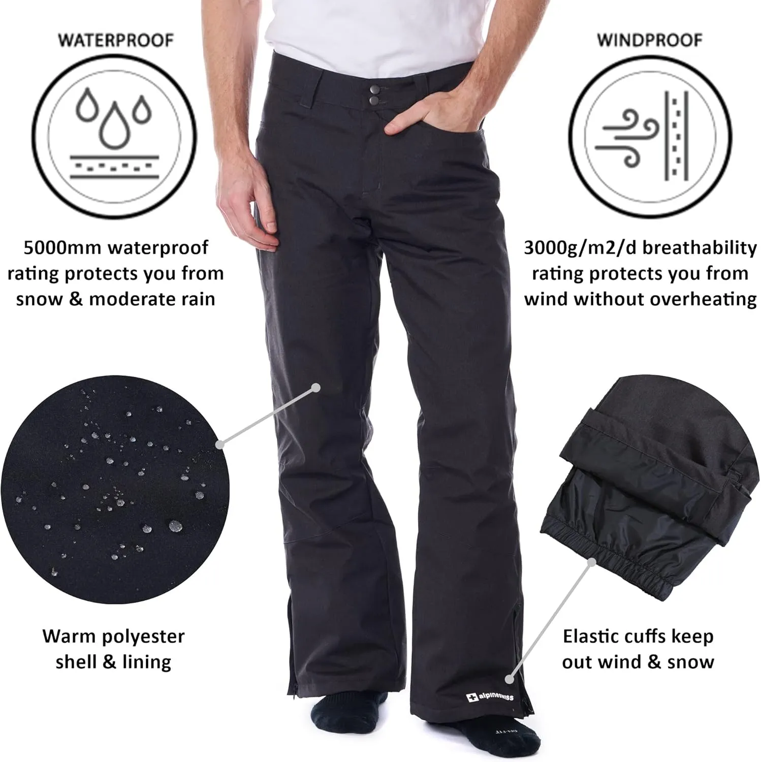 Alpine Swiss Mens Waterproof Ski Snowboarding Pants Insulated Winter Snow Pants