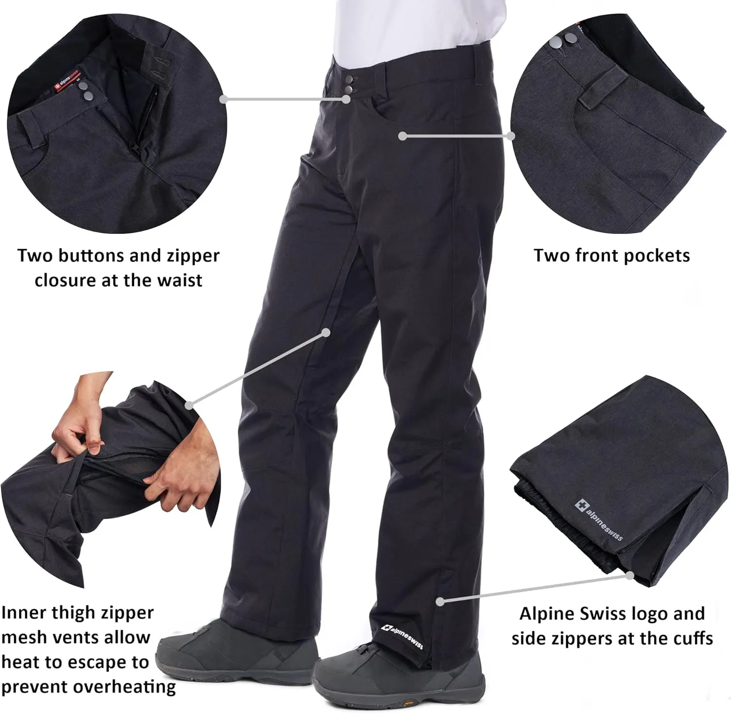 Alpine Swiss Mens Waterproof Ski Snowboarding Pants Insulated Winter Snow Pants