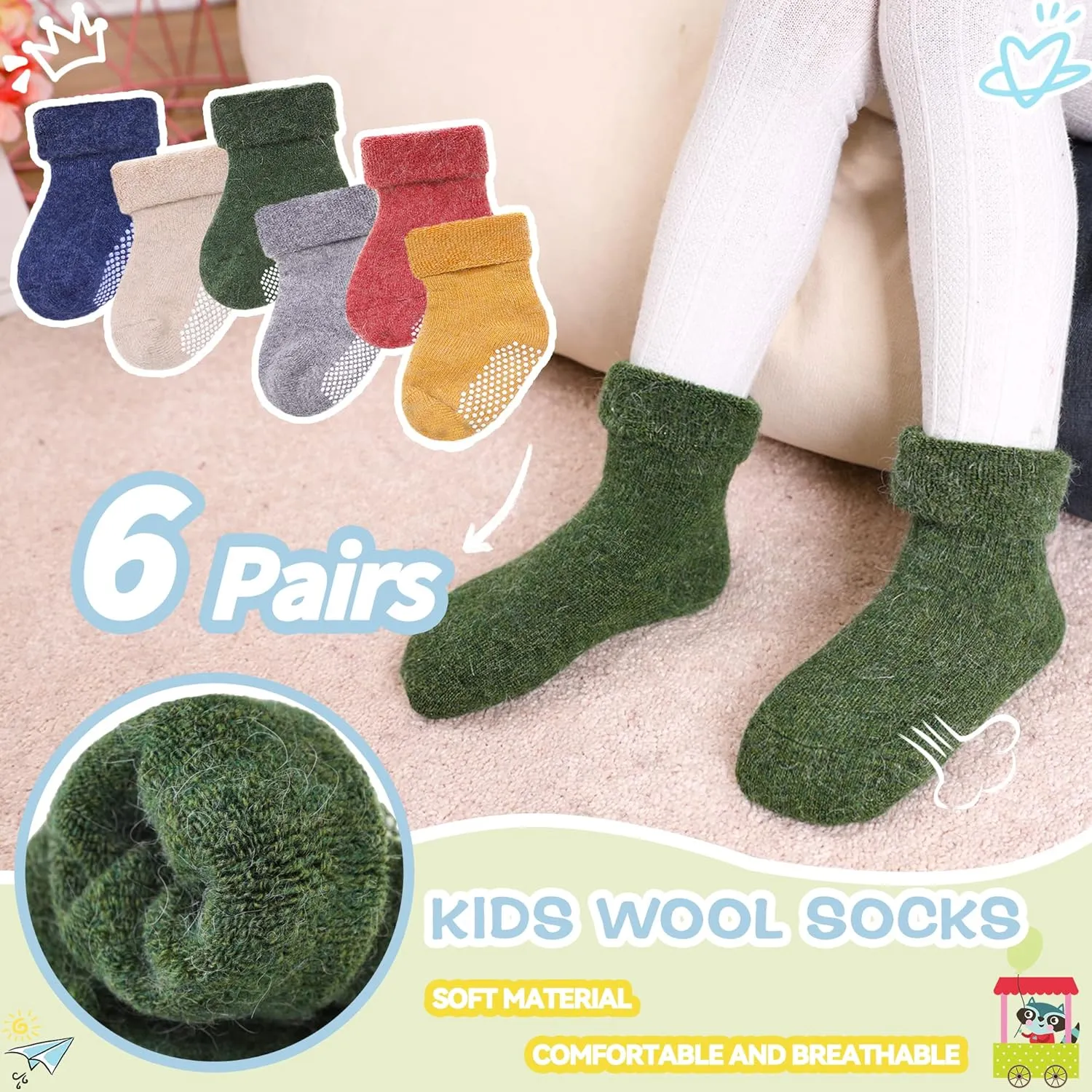 Baby Wool Floor Socks Soft Winter Warm Thick Non slip Toddler Boys Girls Crew Neck Socks 6 pairs