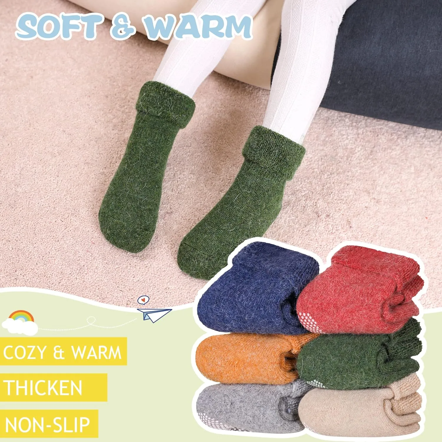 Baby Wool Floor Socks Soft Winter Warm Thick Non slip Toddler Boys Girls Crew Neck Socks 6 pairs
