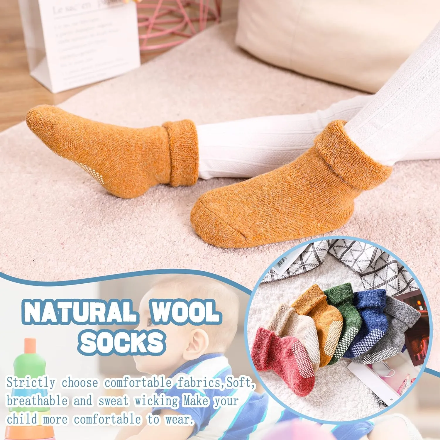 Baby Wool Floor Socks Soft Winter Warm Thick Non slip Toddler Boys Girls Crew Neck Socks 6 pairs