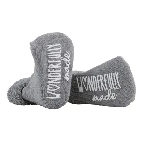 Stephan Baby Non-Skid Gray Socks with Inspirational Phrases, Wonderfully Made, Fits 3-12 Months