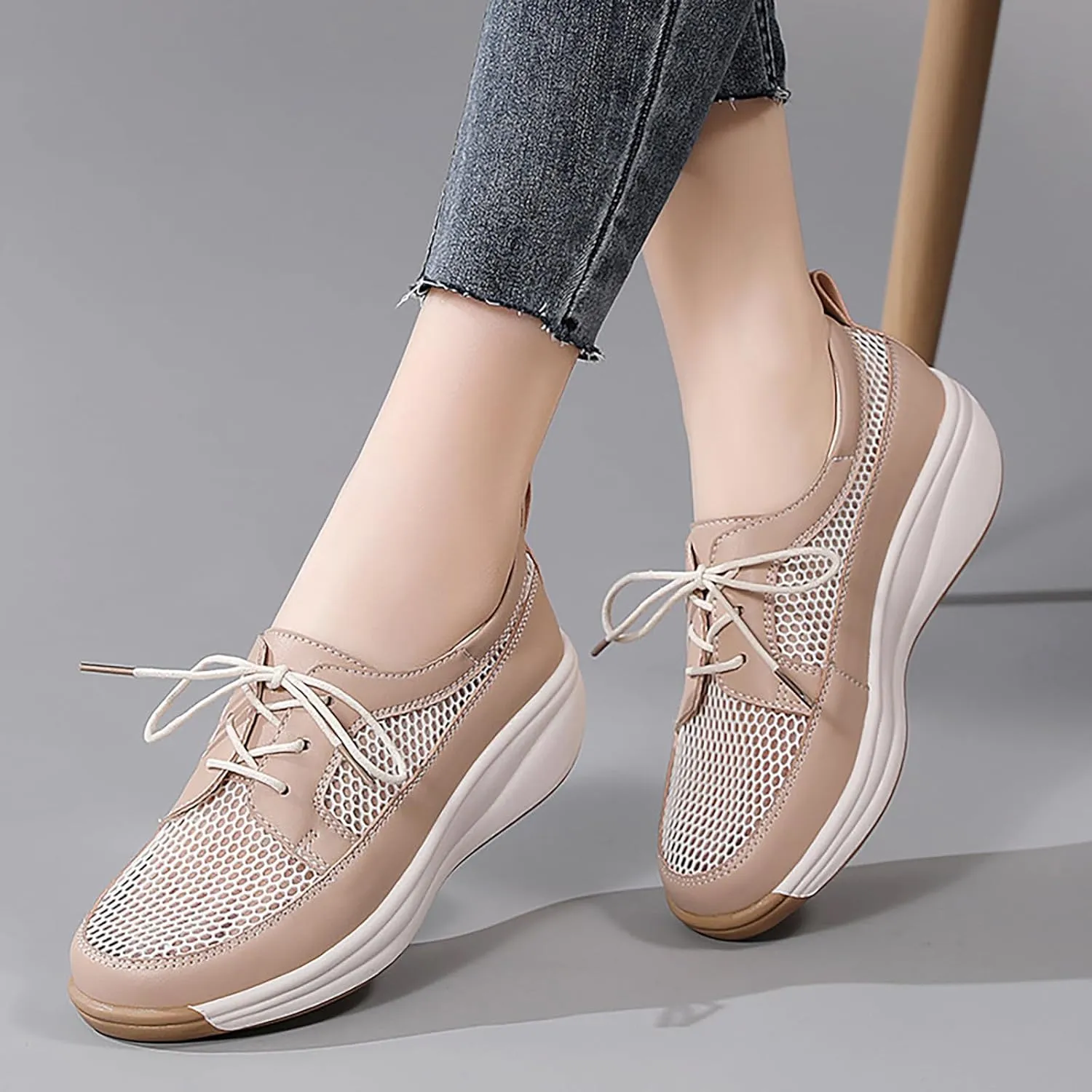 Women'S Mesh Lightweight Platform Leisure Sneakers Fashion Lace-Up Non-Slip Wedge Walking Shoes Suitable for Outdoor Travel Exercise