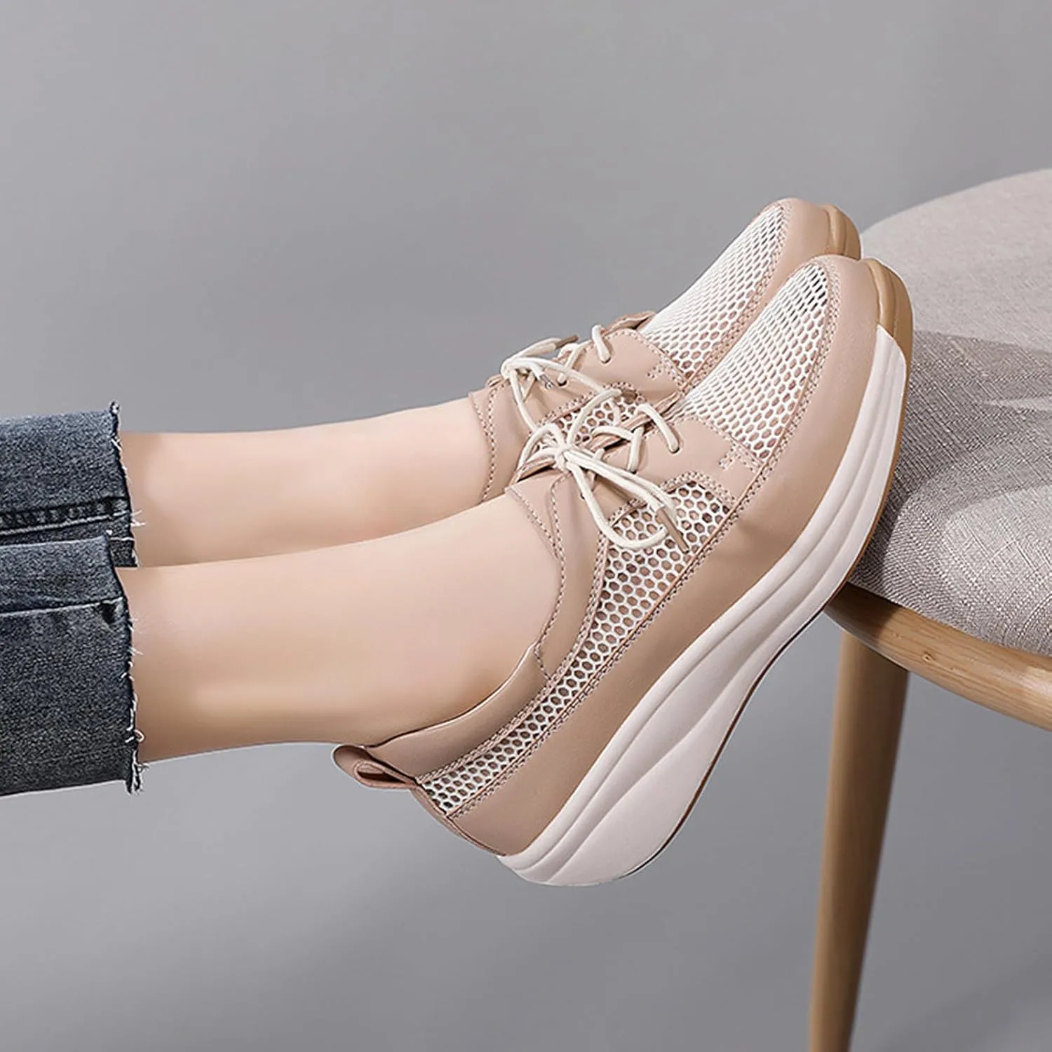 Women'S Mesh Lightweight Platform Leisure Sneakers Fashion Lace-Up Non-Slip Wedge Walking Shoes Suitable for Outdoor Travel Exercise