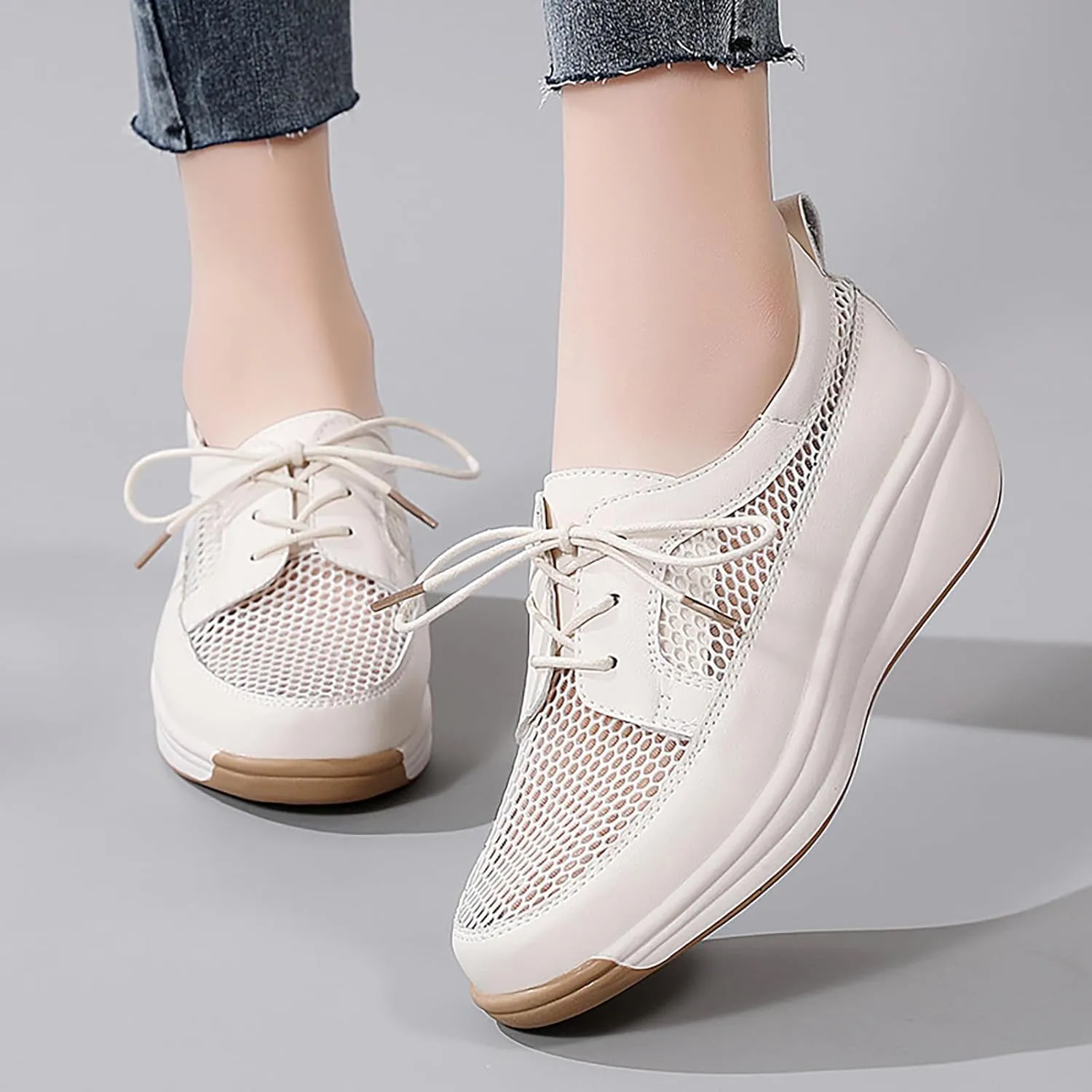 Women'S Mesh Lightweight Platform Leisure Sneakers Fashion Lace-Up Non-Slip Wedge Walking Shoes Suitable for Outdoor Travel Exercise