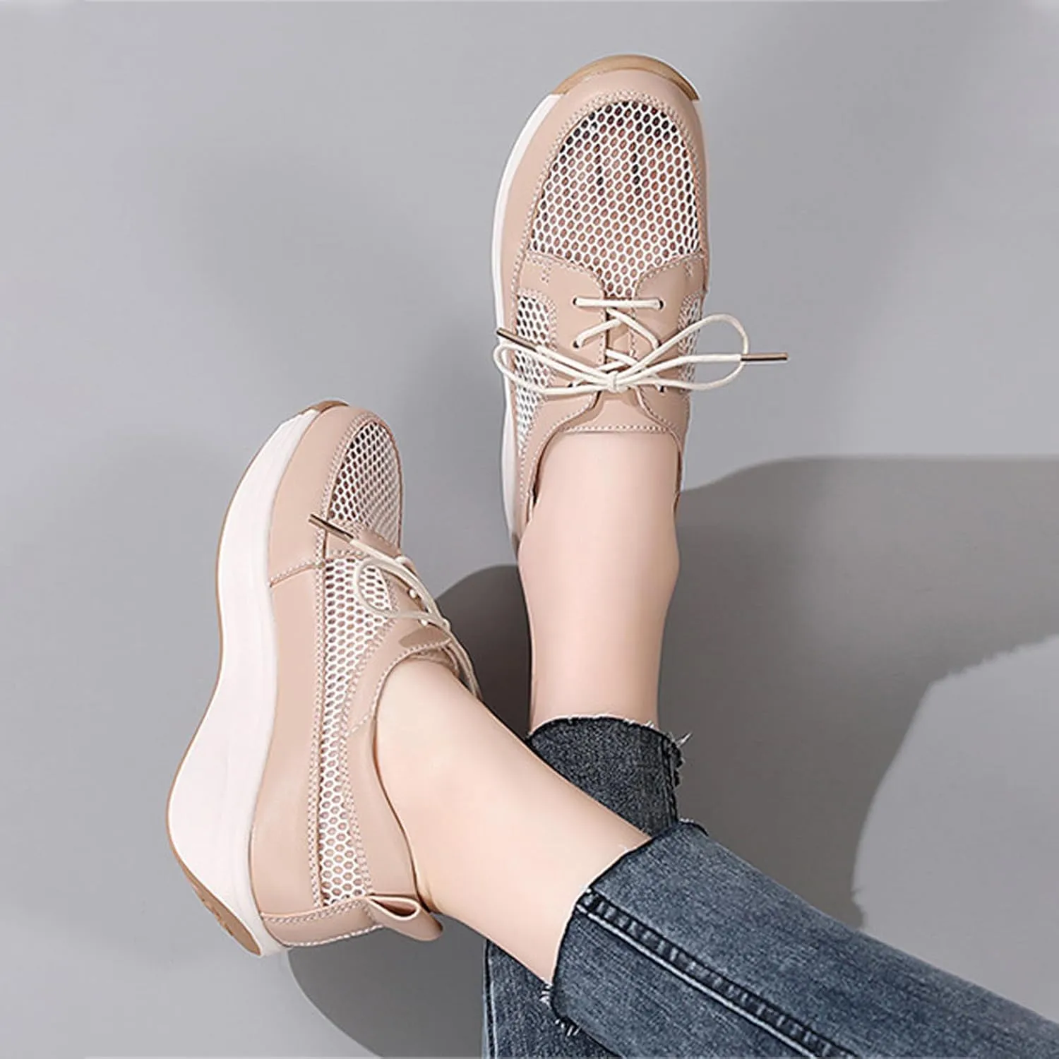 Women'S Mesh Lightweight Platform Leisure Sneakers Fashion Lace-Up Non-Slip Wedge Walking Shoes Suitable for Outdoor Travel Exercise